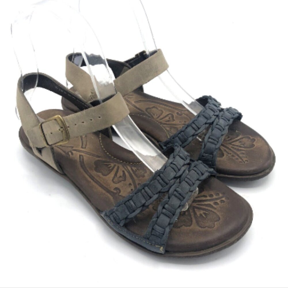 BORN Tulum Sandals 6 Leather Woven Strappy Ankle Strap Blue Beige Women Buckle